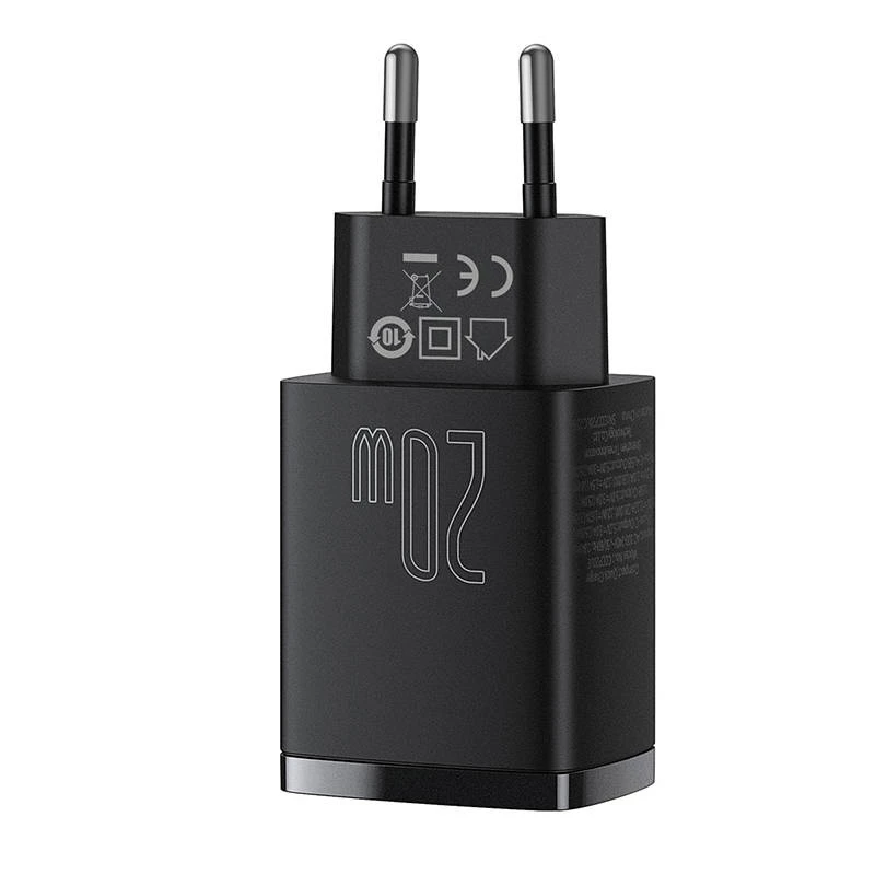 Caricabatterie rapido USB da interno Baseus CCXJ-B01 – 2 porte (USB-C PD 20W + USB-A QC3.0 18W), 100–240 V, nero