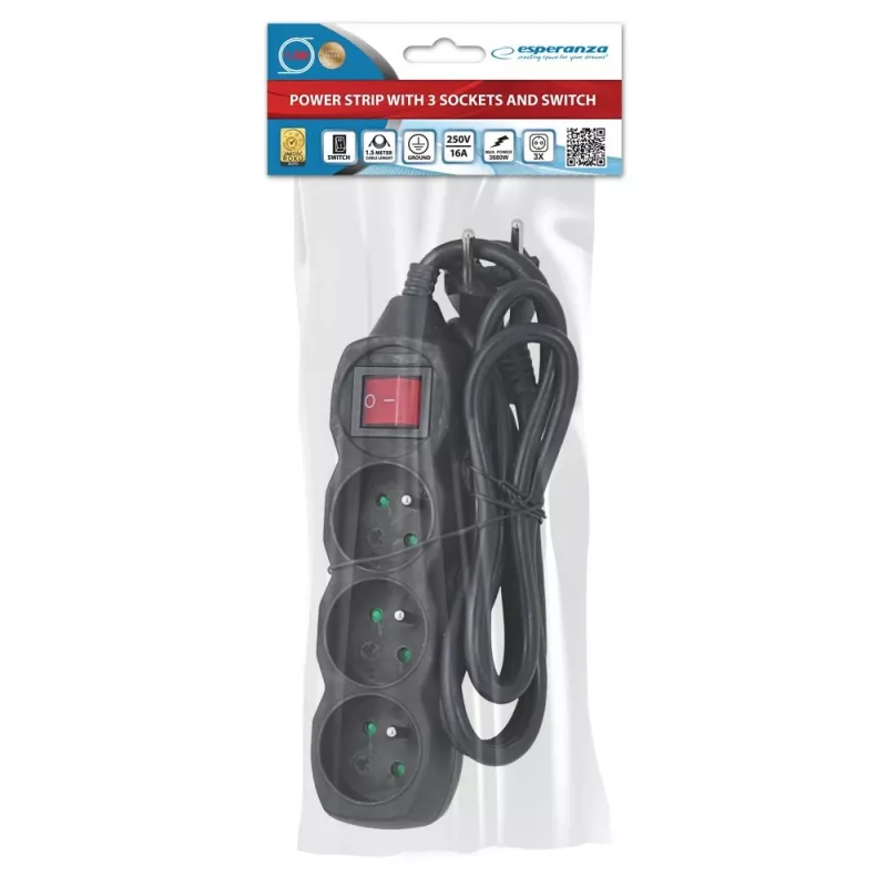 Prolunga elettrica ESPERANZA ELK210K — cavo 1,5 m, 3 prese AC tipo E, spina angolare, interno, nero