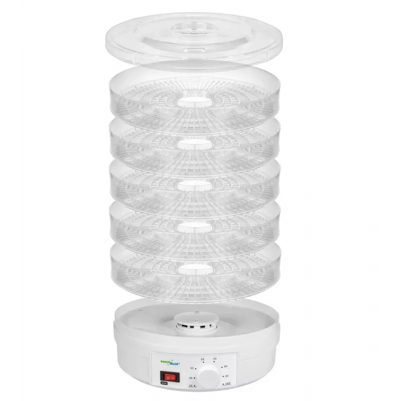 GreenBlue GB190 essiccatore per funghi, verdure e frutta, 5 vassoi, 250 W, temperatura regolabile 35–70 °C, bianco