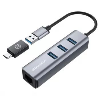 Hub USB GRAUGEAR G-HUB31L-A — host USB 3.2 Gen 1 Type-A, 3 porte USB 3.2 Gen 1 Type-A + RJ-45, 5000 Mbit/s