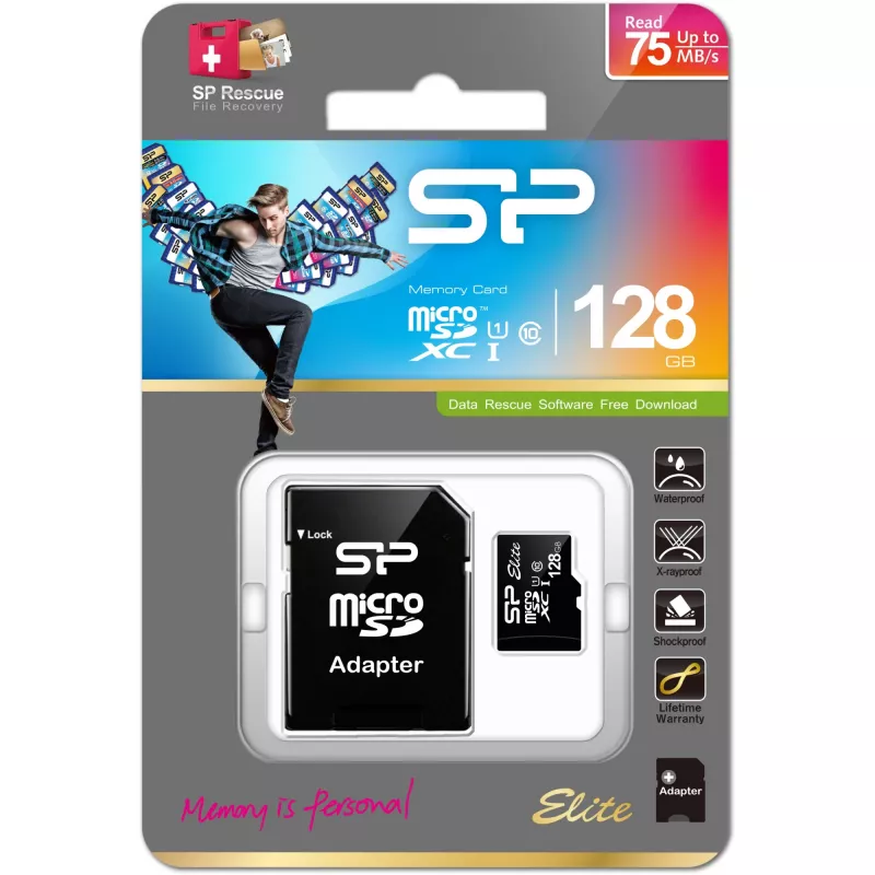 Scheda di memoria flash MicroSDXC Silicon Power 128 GB UHS‑I (Class 10, U1), 85 MB/s, nera, con adattatore SD
