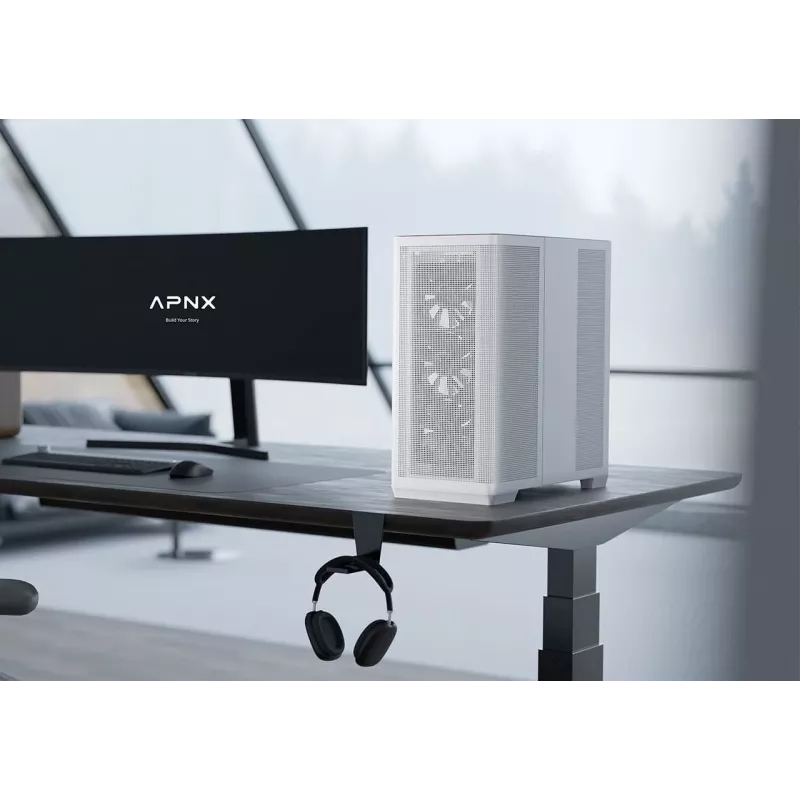 APNX case per PC Midi Tower C1-R-WT-v1 — bianco, supporta ATX/Micro-ATX/Mini-ITX, 3 ventole frontali da 120 mm preinstallate, 3 vani da 3,5
