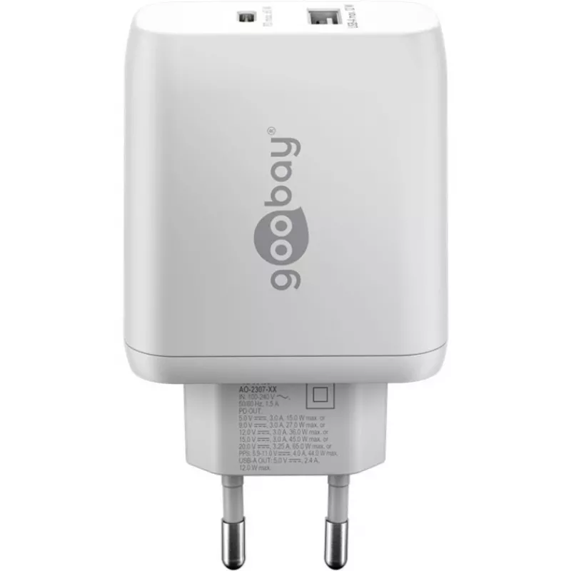 Caricabatterie rapido duale USB-C, PD, GaN, 65 Watt (bianco, 1x USB-C, 1x USB-A, Power Delivery)