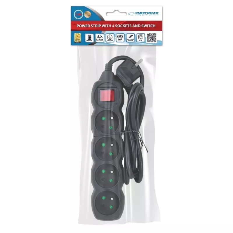 Prolunga elettrica ESPERANZA ELK212K — cavo 1,5 m, 4 prese tipo E, interno, nero