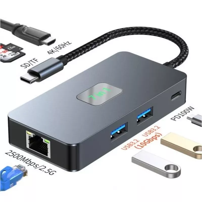 TB adattatore hub USB-C (7-in-1) HDMI USB SD/TF RJ45 (2500 Mbit/s) PD