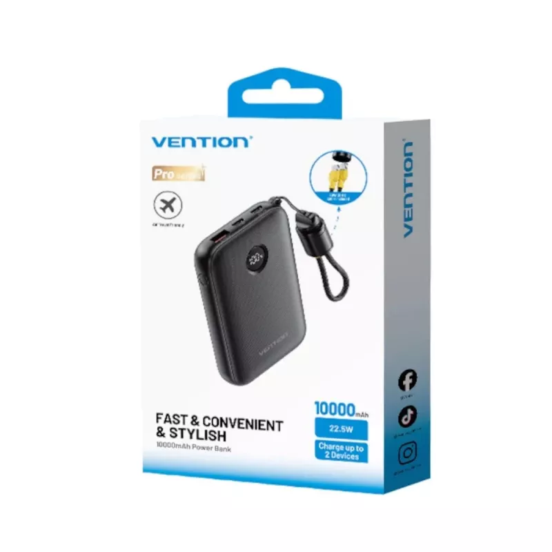 Powerbank Vention FKAB0-C 10000 mAh, 2× USB-C + 1× USB-A, 22,5 W, nero