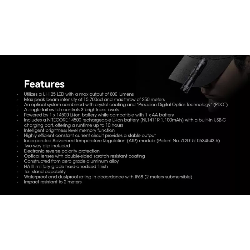 Torcia portatile Nitecore MT1A Pro — LED 50 lm, USB ricaricabile, 1100 mAh, alluminio, impermeabile, resistente agli urti, nero