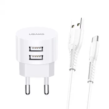 Caricabatterie usams XTXLOGT18TC05 con 2x porte USB e cavo USB-C integrato, uscita 2,1A