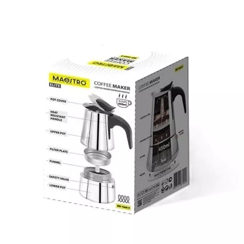 Caffettiera Moka pot Maestro MR-1660-9, macchina per caffè da piano cottura per 6 tazze, nero