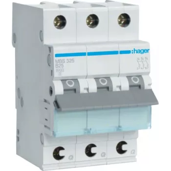 Hager MBS325. Corrente nominale: 25 A, frequenza d'ingresso: 50/60 Hz. Tipo: tipo B, numero di moduli (max.): 3 moduli. Larghezza: 52,5 mm, profondità: 70 mm, altezza: 83,4 mm (MBS325)