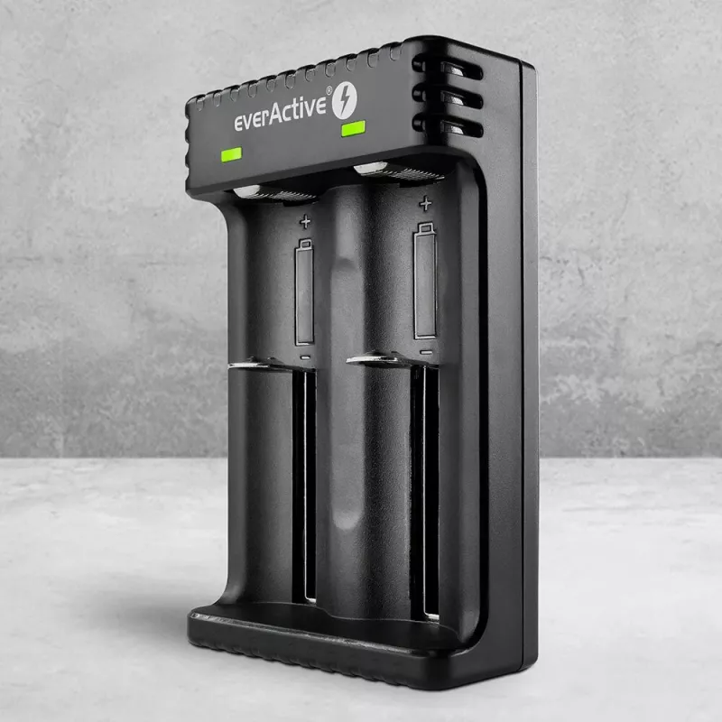 Caricabatterie everActive LC200 domestico USB, 2 vani, Li-Ion, supporta A/AA/AAA/AAAA/C/D, ingresso 5 V, uscita 4,2 V, nero