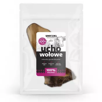 Articolo da masticare per cani UNISZKI Medium orecchio di manzo — singolo articolo da masticare naturale per cani di taglia media e adulti, proteine 75,8 %, umidità 14,9 %