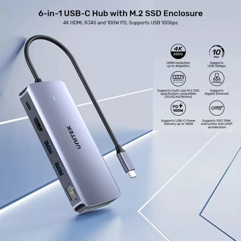 Hub attivo UNITEK USB-C 10GBPS, M.2, HDMI, PD 100W