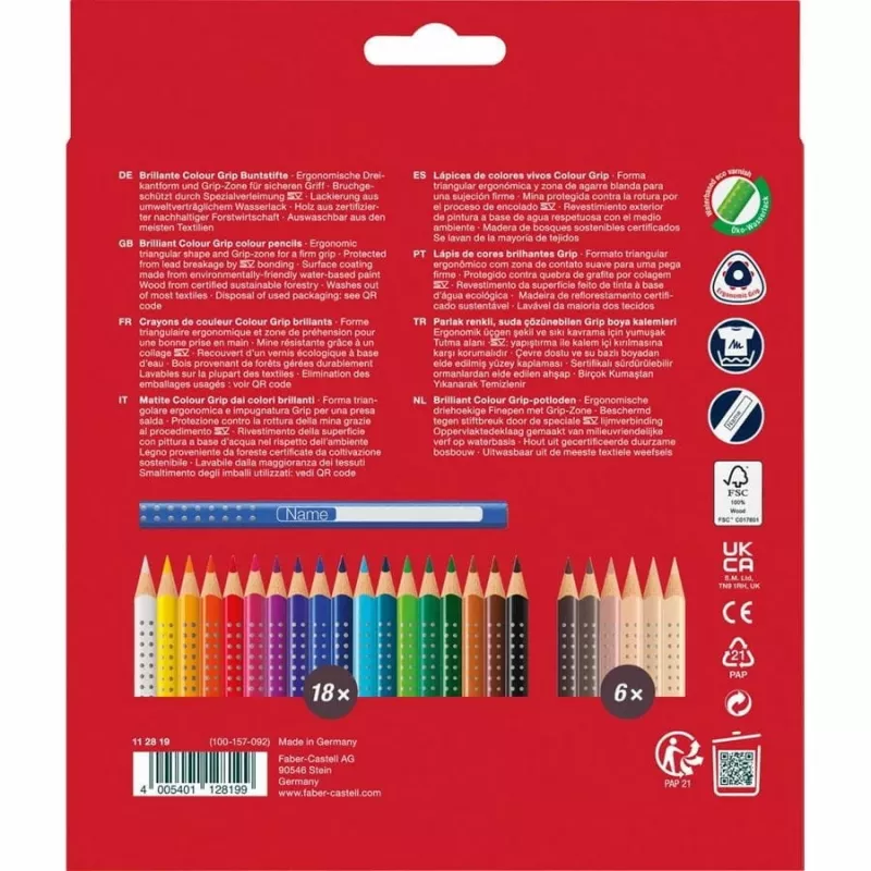 Faber-Castell 112819 Grip Skin Tones Matite colorate, 18+6