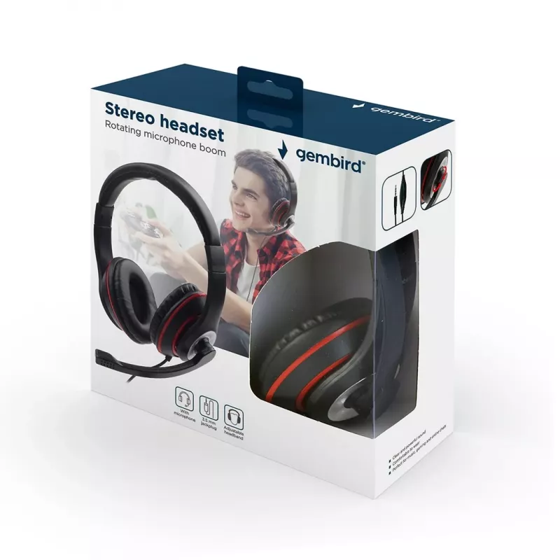 Headset gaming con filo GEMBIRD MHS-03-BKRD — binaurale, circumaurale, 3,5 mm, cavo 1,8 m, rosso/nero