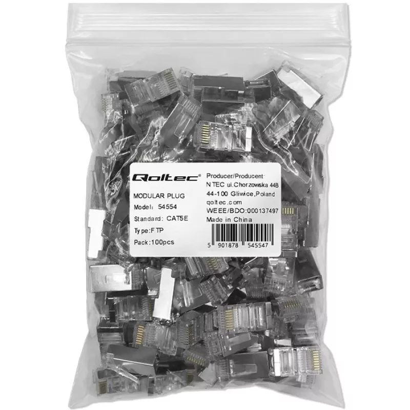 Connettore RJ45 modulare QOLTEC 54554 CAT5e FTP, 100 pz., argento, plastica, 11×22×18 mm