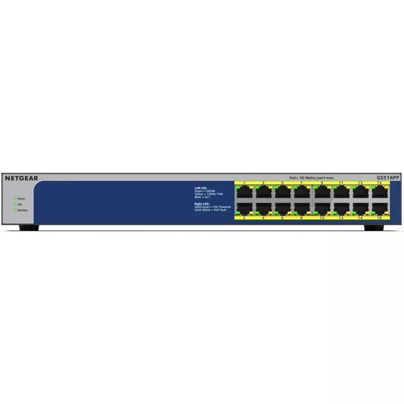 NETGEAR GS516PP Unmanaged Gigabit Ethernet (10/100/1000) Power over Ethernet (PoE) blu, grigio