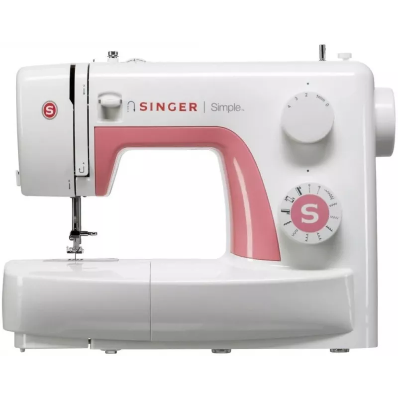 Singer Simple 3210 macchina da cucire automatica, elettromeccanica, 10 punti, asola in 4 passaggi, braccio libero, 85 W, bianca/rosa