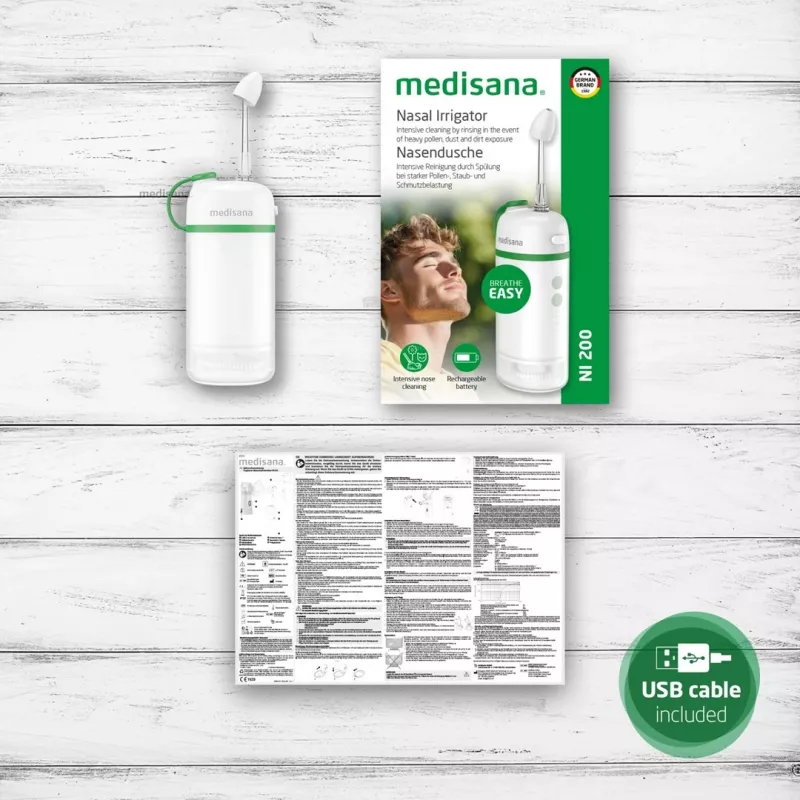 Medisana NI 200 irrigatore nasale elettrico, serbatoio acqua 150 ml, 3 programmi, USB-C, 1400 mAh, IPX7, pieghevole, bianco