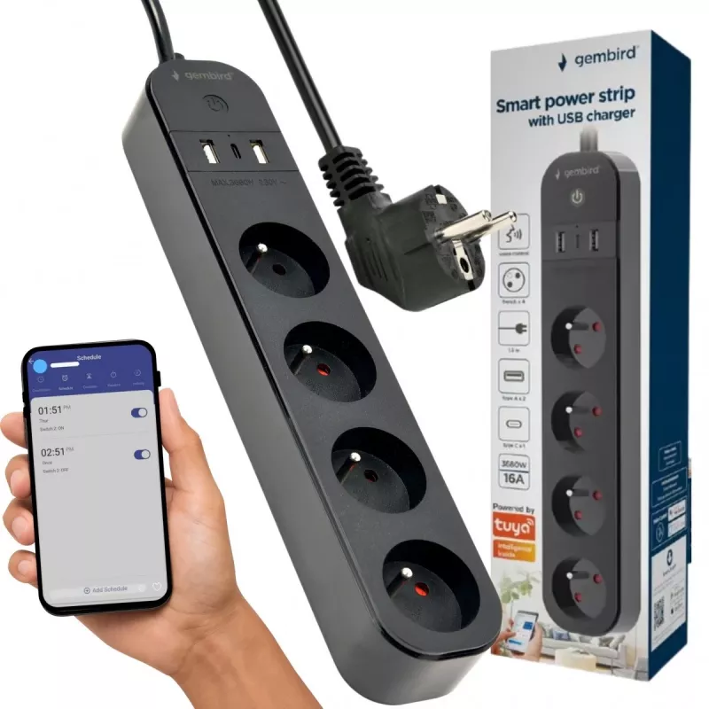 Ciabatta GEMBIRD TSL-PS-F4U-02 con 4 prese PL e caricabatterie USB, nero