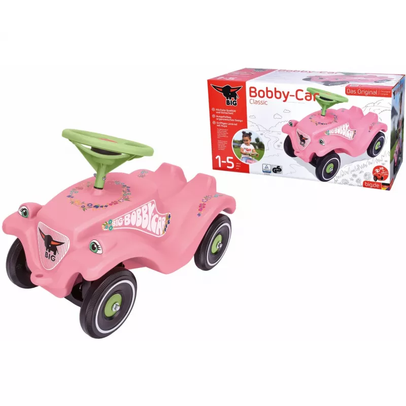 Bobby-Car-Classic Flower, cavalcabile rosa/verde chiaro
