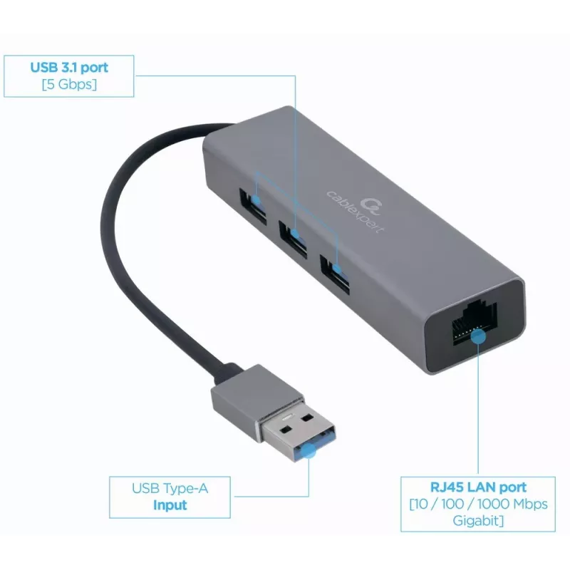 Gembird A-AMU3-LAN-01 adattatore USB-A a Gigabit LAN con hub USB 3.0 a 3 porte, nero