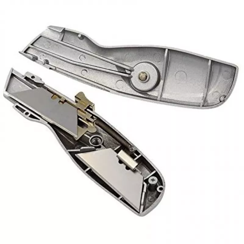 WEDO 78808 Safety-Cutter ALU taglierino, lama trapezoidale, a molla, a ritorno automatico, 2 lame di ricambio, TÜV/GS, argento
