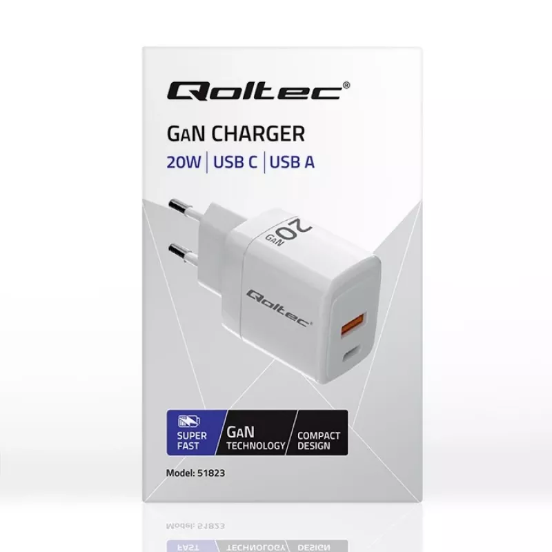 Caricabatterie GaN QOLTEC 51823 20W alimentatore USB, uscita 5V/20V