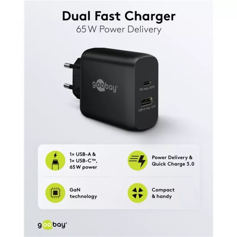 Caricabatterie dual-fast USB-C, PD, GaN, 65 Watt (nero, 1x USB-C, 1x USB-A, Power Delivery)