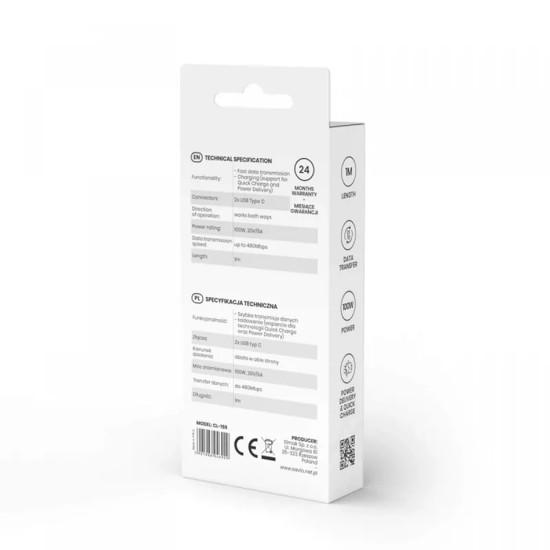 Cavo USB-C a USB-C SAVIO CL-159 1 m, USB 2.0 (480 Mbit/s), nero, 2,1 A
