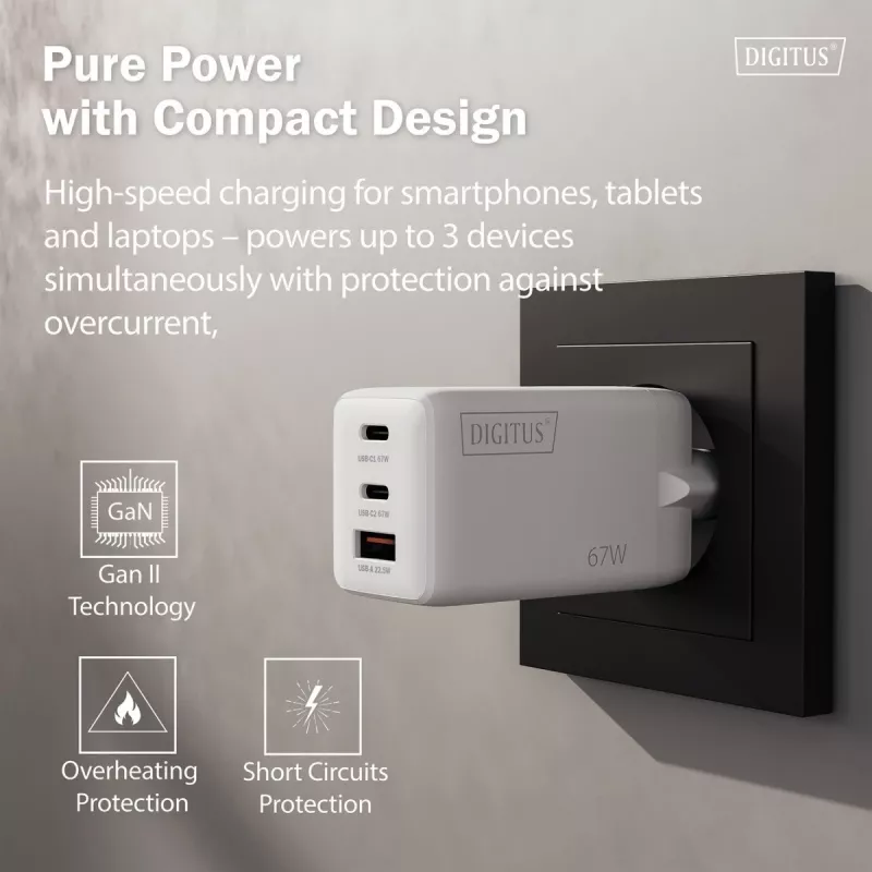 Caricabatterie da parete DIGITUS DA-10303 67W GaN, 2× USB-C + 1× USB-A, 100–240V, bianco