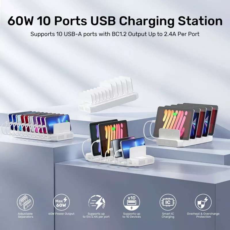 Stazione di ricarica Unitek 10X USB 2.4A 60W bianco