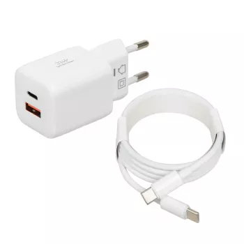 Caricabatterie USB IBOX ILUC42W 42W (max 33W), 1×USB-C PD3.0, 1×USB-A QC3.0, 100–240V, bianco
