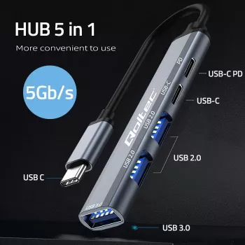 Qoltec 53790 hub adattatore USB-C 3.1 5in1 | USB-C PD | USB-C | 2x USB 2.0 | USB 3.0