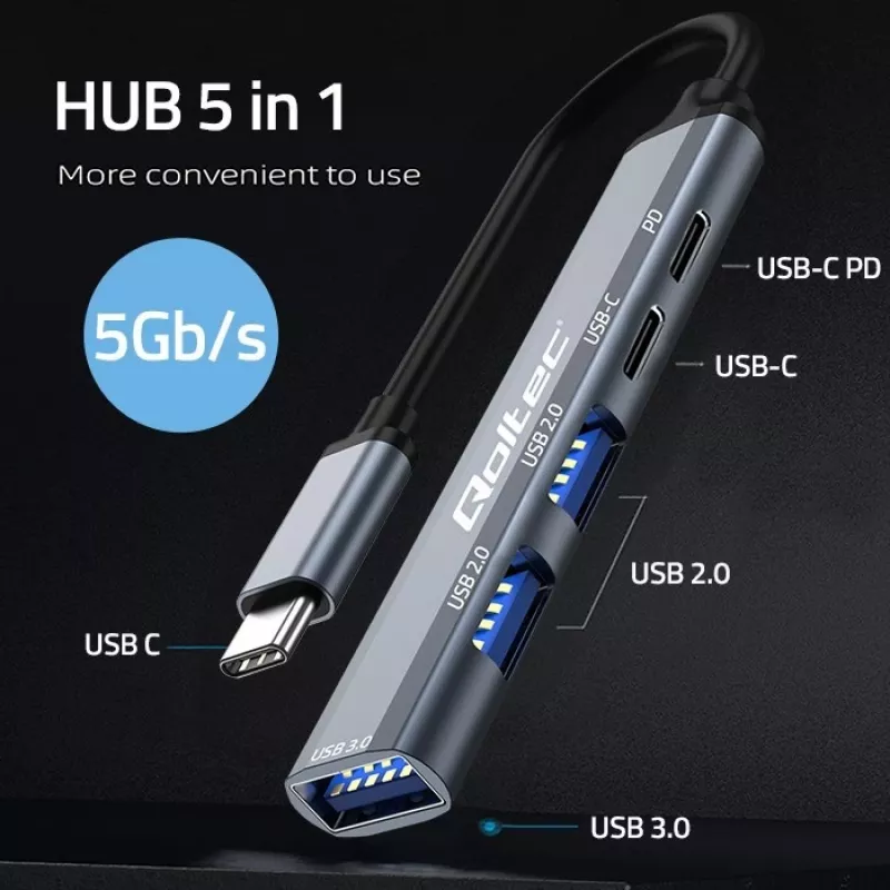 Qoltec 53790 hub adattatore USB-C 3.1 5in1 | USB-C PD | USB-C | 2x USB 2.0 | USB 3.0