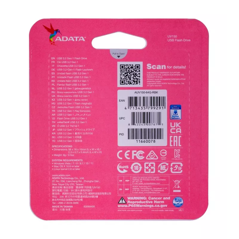ADATA 64GB DashDrive UV150 unità flash USB USB Type-A 3.2 Gen 1 (3.1 Gen 1) nero