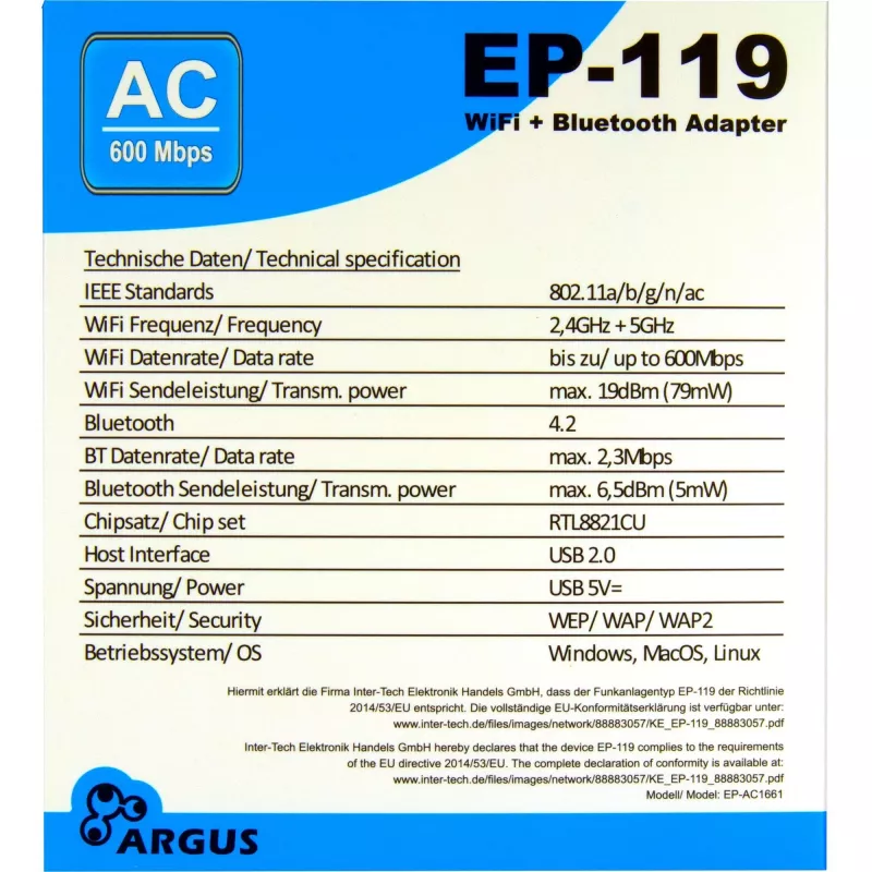 Adattatore USB Wi-Fi/Bluetooth INTER-TECH EP-119, Wi-Fi 5 (802.11ac) dual band 600 Mbit/s
