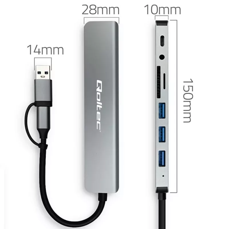 Hub USB-C QOLTEC 4x USB + lettore di schede SD/TF modello 53794