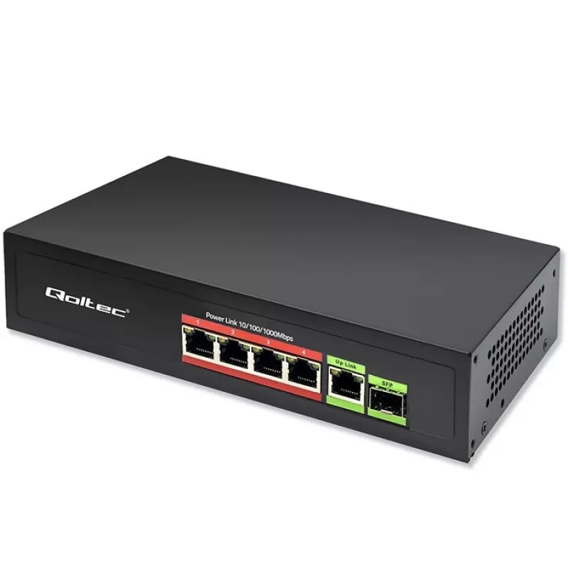 Switch Ethernet PoE QOLTEC 52296 — 4x porte RJ45 PoE, 1x RJ45 uplink