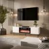 Mobile TV cama meble LUCCA 180x40x59 cm, piano e cornice bianchi, camino elettrico nero