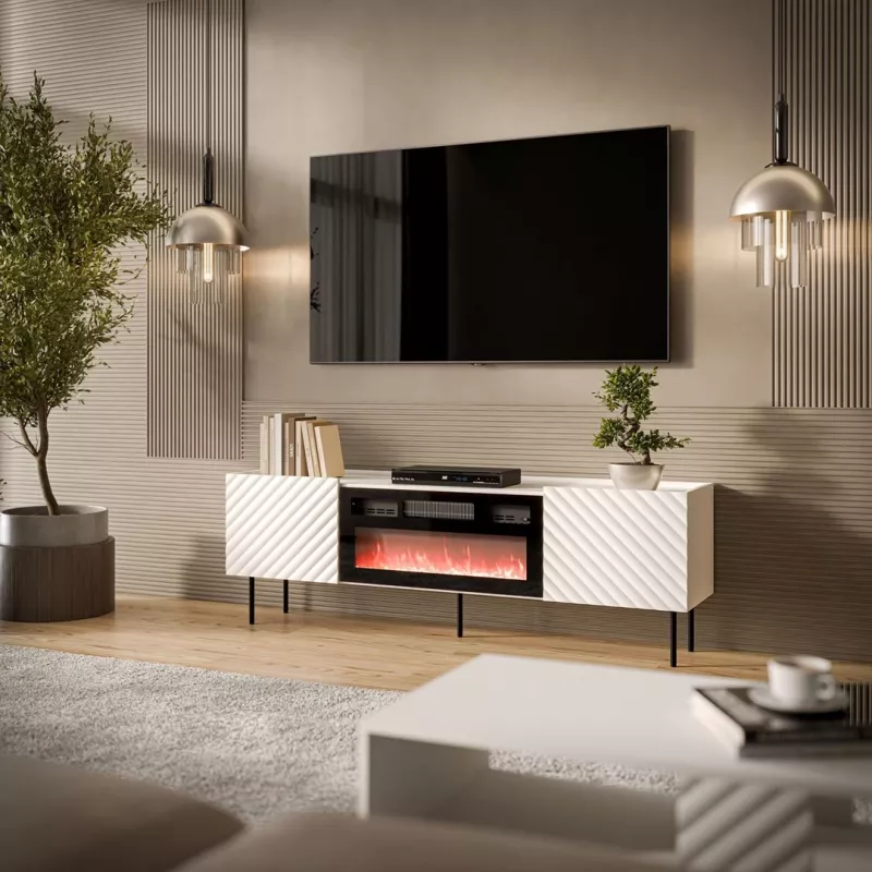 Mobile TV cama meble LUCCA 180x40x59 cm, piano e cornice bianchi, camino elettrico nero