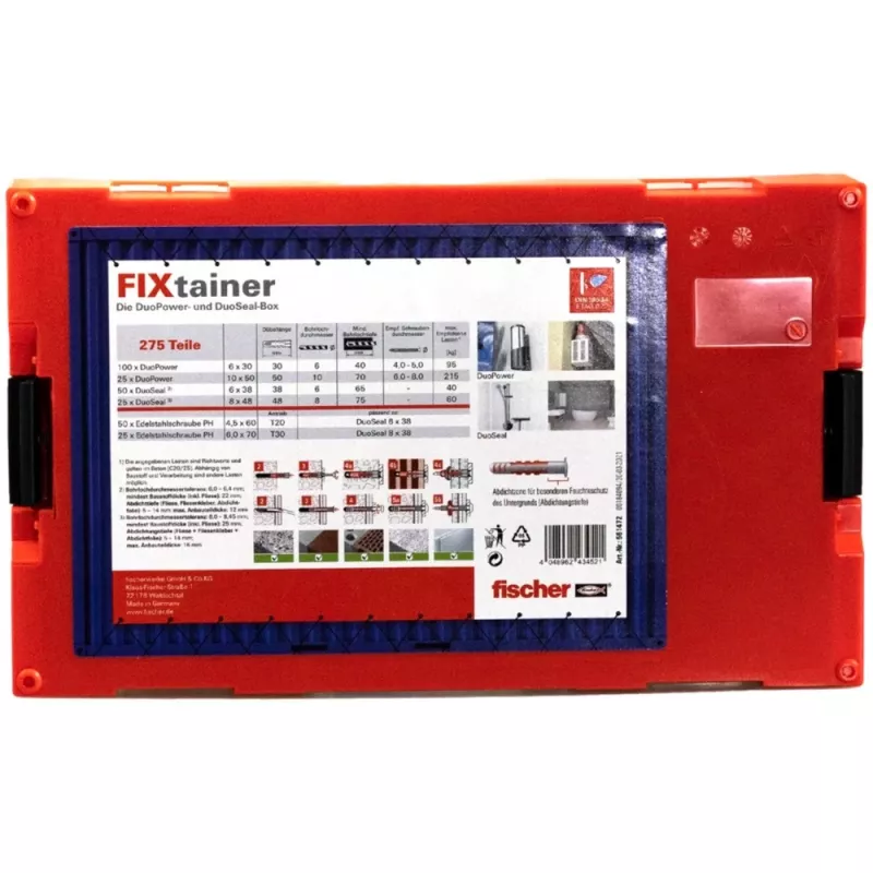 FixTainer - DUOPOWER & DUOSEAL + viti, tasselli grigio chiaro/rosso, 275 pezzi