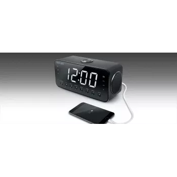 Radiosveglia Muse M-192 CR — orologio digitale, sintonizzatore FM, display LED 1,8 pollici, legno nero, AC 100–240V, backup AAA