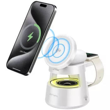 Caricabatterie wireless 4smarts Qi2 Aura Sound bianco – ricarica wireless rapida Qi2, altoparlante integrato
