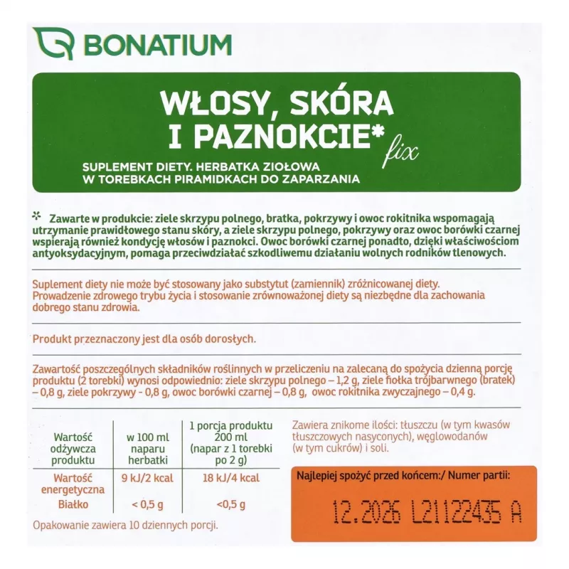 Tisana alle erbe Bonatium capelli, pelle e unghie Fix 20 pezzi