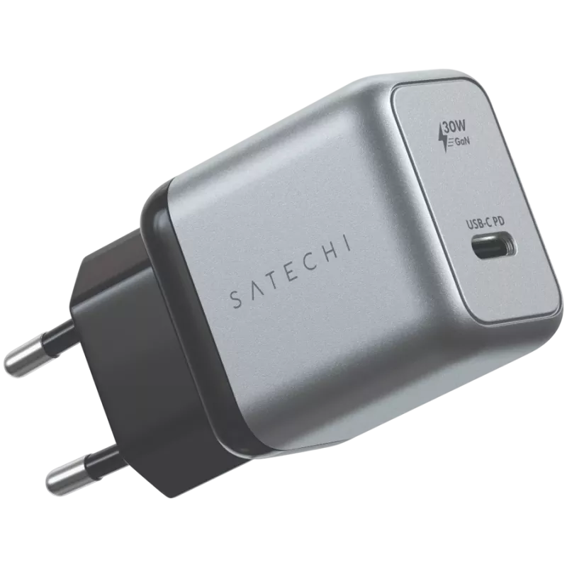 Caricabatterie per dispositivi mobili Satechi ST-UC30WCM-EU — alimentatore AC universale per interni con 1× USB-C, nero/argento