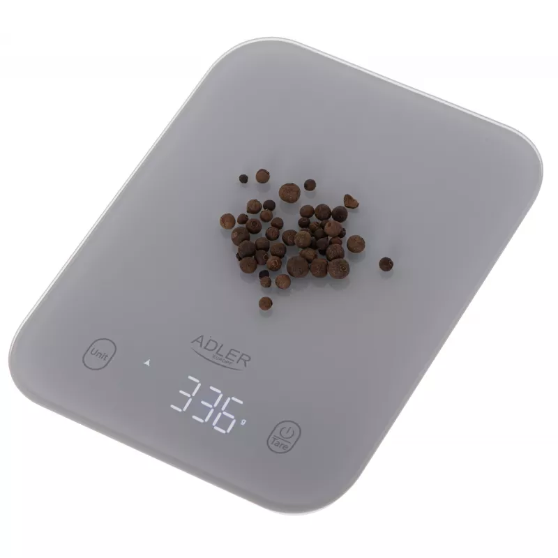 Bilancia da cucina Adler AD 3181, vetro temperato, capacità 10 kg, precisione 1 g, display LCD, grigio