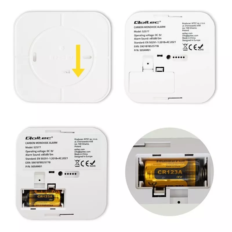 Rilevatore di monossido di carbonio QOLTEC 52577 — allarme a batteria, livello sonoro 85 dB