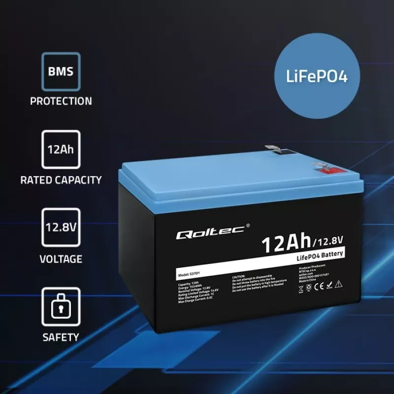 Batteria ricaricabile Qoltec LiFePO4 litio ferro fosfato 12,8 V 12 Ah 153,6 Wh con BMS