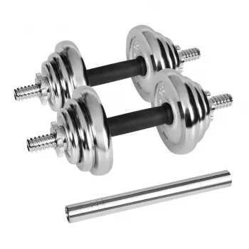 Manubri corti regolabili Rebel cromati 20 kg con valigetta e barre per manubri (2) — dischi 2,5 kg, 1,25 kg, 0,5 kg